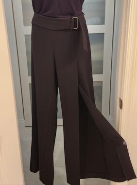 bebe Black Wide-Leg High-Waist Palazzo Pants with Side Slit and Buckle